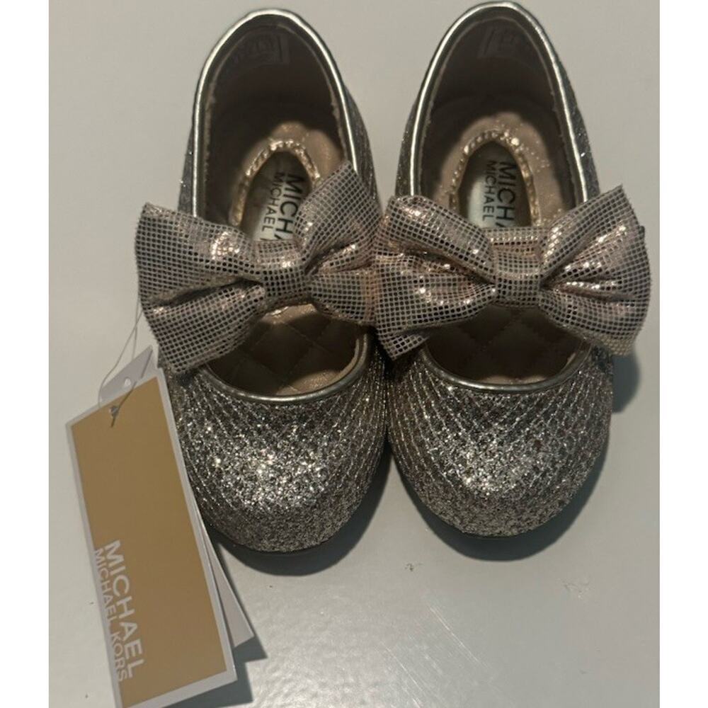 Michael Kors Toddler Girls Size 5 Glitter Bow Dress Shoes Silver NWT